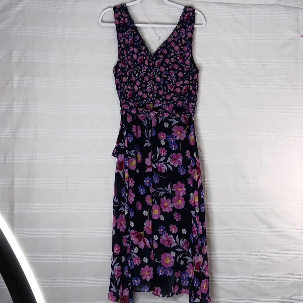 Dkny Navy Floral Sleeveless Asymmetrical Midi Dress - Picture 9 of 15